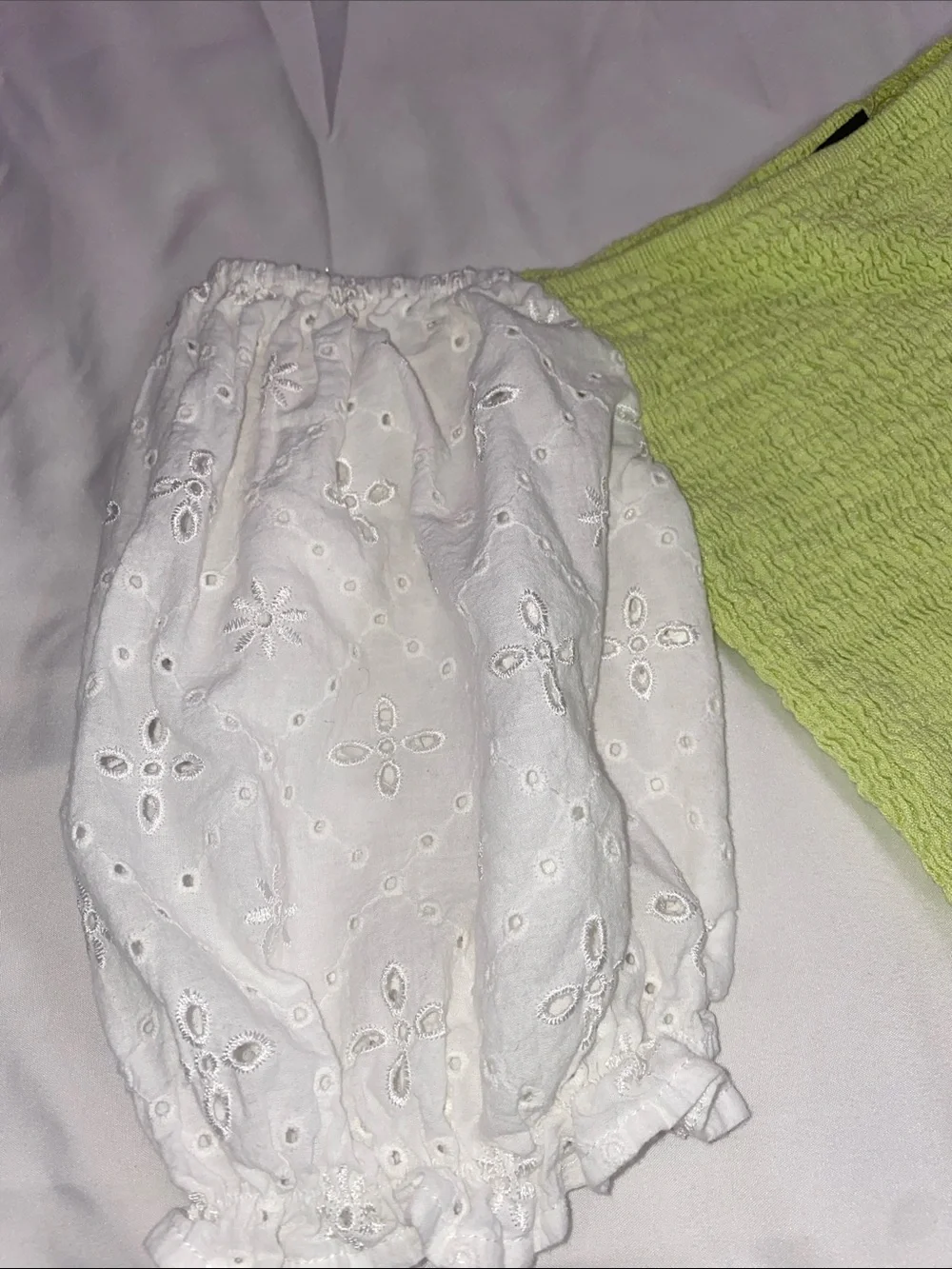 Smocked Lime Green Crop Top with White Puff Eyelet Sleeves - Picture 3 of 6
